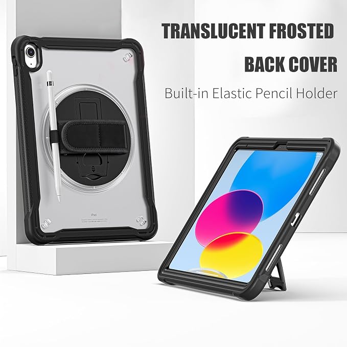 ZenRich Shockproof Case for iPad (A16) 11th/10th Generation Black | Pencil Holder 360° Rotating Kickstand Hand Strap Adjustable Carrying Strap Heavy Duty Rugged