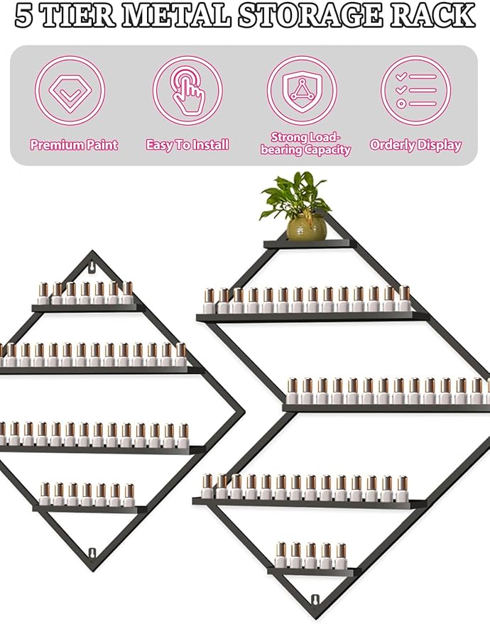 EBANKU Metal Wall Mounted Nail Polish Storage Racks, Black Display Rack Cosmetic Display Case Lipstick Wall Shelf Essential Oil Organizer for Bottles Spa Nail Salon (Irregular Rhomboid)