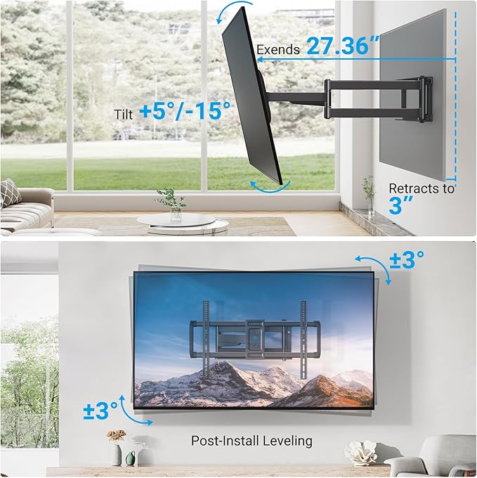 PERLESMITH Long Arm TV Wall Mount Full Motion for 37-75 inch TVs, Corner TV Mount Bracket with 27.36-inch Articulating Long Extension Arm, Swivel&Tilt, Max VESA 600x400mm up to 110lbs, 16" Wood Stud