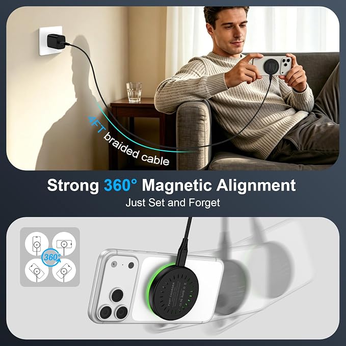 25W Magnetic Wireless Charger for Samsung Galaxy S26 Ultra/S26 Plus/S25/S24/S23/S22/S21/S20 Plus/Magnetic MagSafe Fast Charging Pad for iPhone 17 Pro Max/17e/16/15/14/13/12 Series/AirPods 4/3/2/Pro