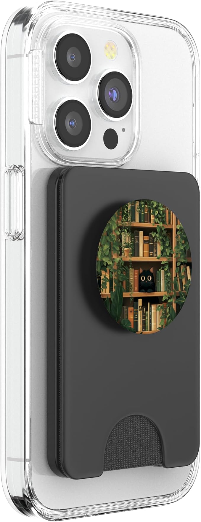 Cute Black Cat Hiding On Bookshelves Plants Library Bookish PopSockets Adhesive PopGrip