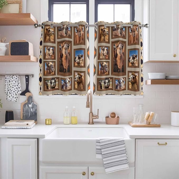 2 Panel Kitchen Cafe Curtains, Desert Camels Sunlight Filtering Nature Air