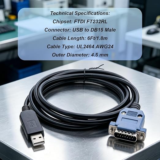6Ft FT232RL USB to DB15 Serial Adapter Cable for YOKOGAWA Servo Drives | 1.8m 15-Pin Male RS232 Programming Cable for Industrial Automation