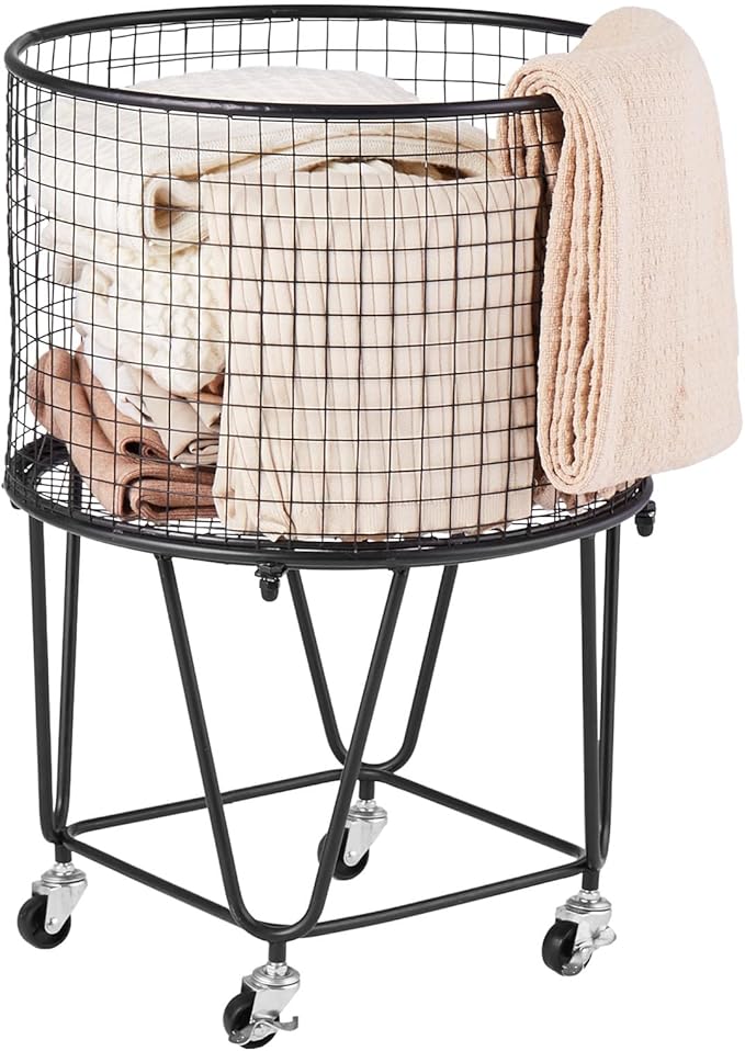 VEVOR Laundry Basket with Wheels, Metal Storage Cart Deep Set Rolling Mesh Laundry Hamper, 60 LBS Large Load Capacity, 17" x 17" x 24", Black