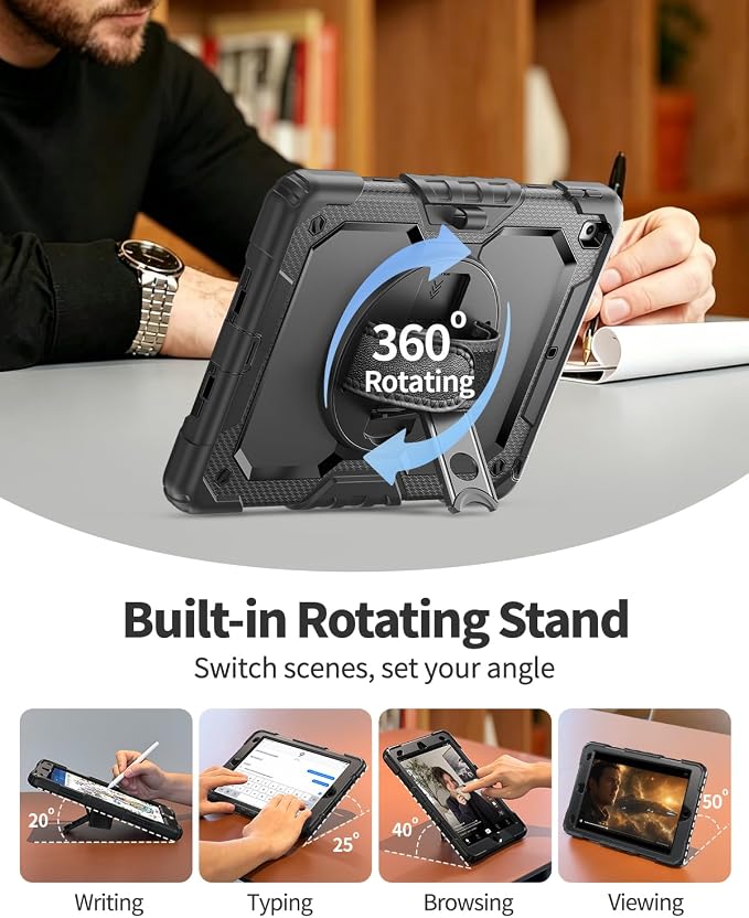 Ambison Case for iPad (A16) 11th/10th Generation 11''/10.9'' Black | Hand Strap 9H Tempered Glass Screen Protector Rotating Stand Shoulder Strap Heavy Duty Shockproof Pencil Holder