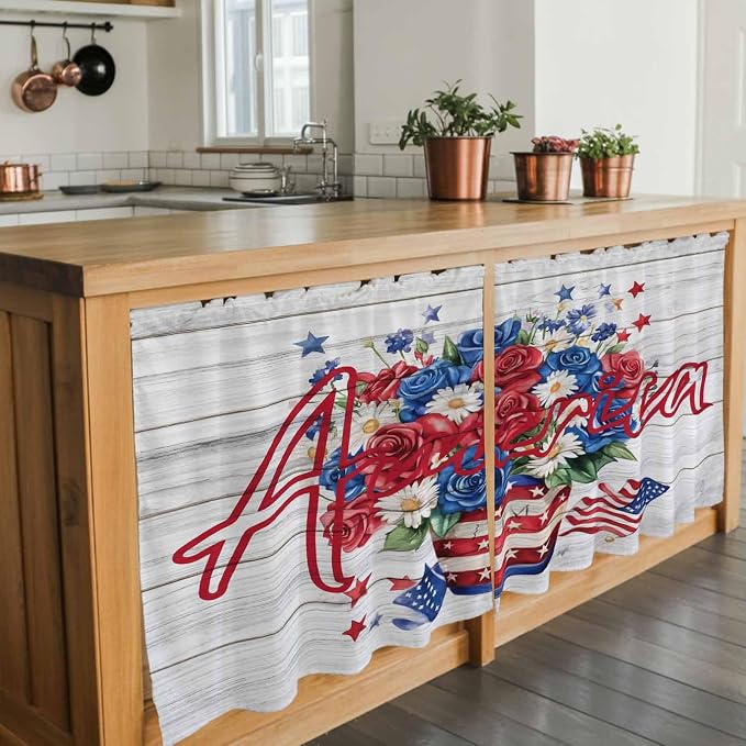 Independence Day Kitchen Tier Curtains 24 Inch Long 2 Panel Set, Rod Pocket
