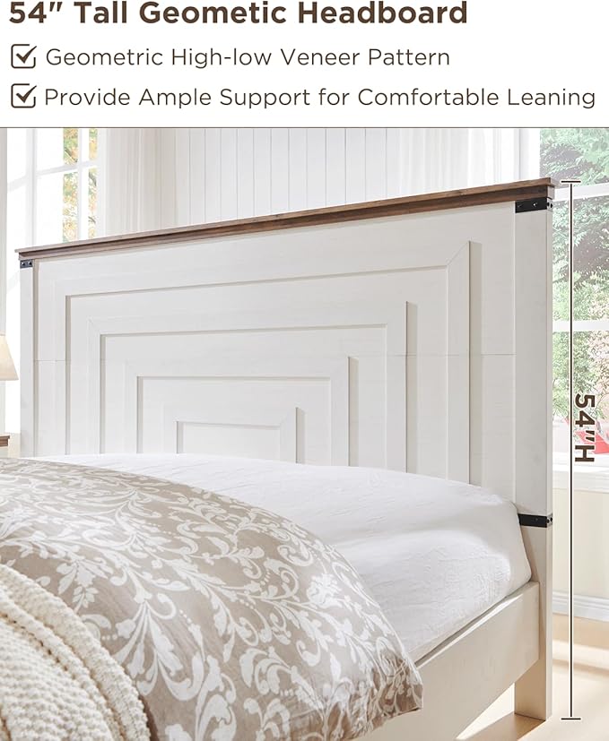 T4TREAM Farmhouse Queen Size Bed Frame with 54" Tall Geometric Headboard & 2 Large Storage Drawers, Rustic Wood Platform Bed with Wood Slats Support, No Box Spring Needed, Antique White