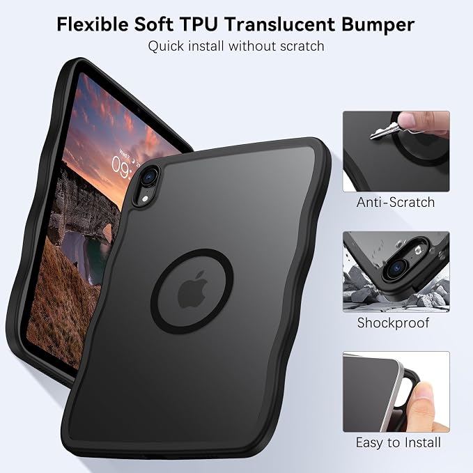 GUAGUA for iPad mini 7 A17 Pro Case Magnetic iPad mini 7th/6th Generation Cases(2024/2021) Wave Frame Anti-Slip with Pencil Holder Slim Light Drop-Proof Case for iPad mini 7th/6th 8.3'' Black