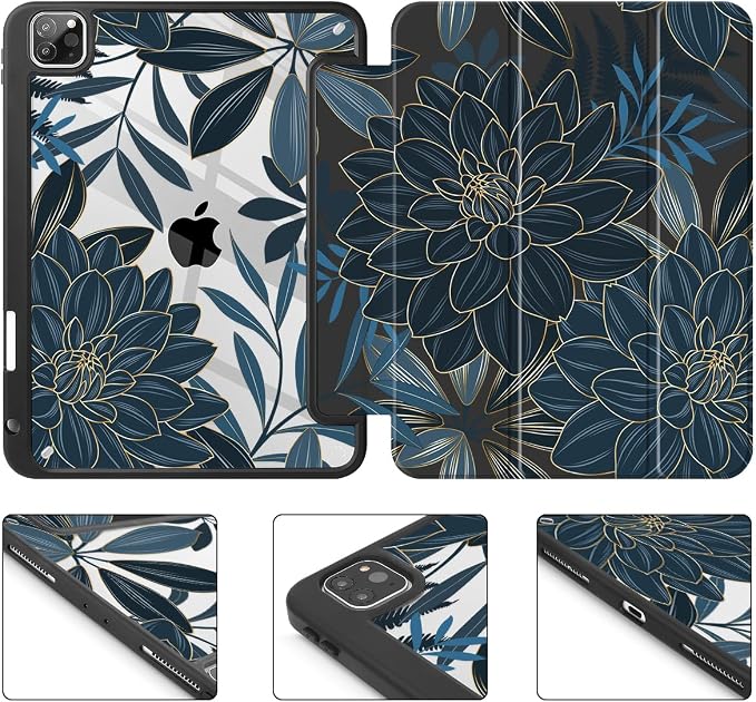 Tuiklol for iPad Pro 11 Inch 4th / 3rd / 2nd / 1st Gen (2022 2021 2020 2018) Case -Built-in Pencil Holder Shockproof Cover Clear Transparent Back Shell with Auto Wake/Sleep Black Flower