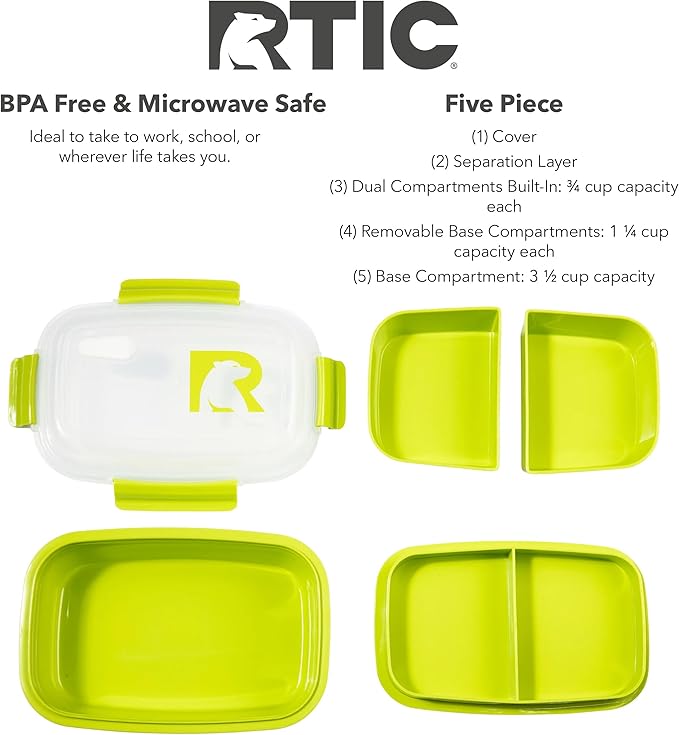 RTIC 5 Compartment Lunch Containers, Hot Food Container with Lid for Adults, Microwave Safe Divided Snack Lunch Box for Work or Travel, Reusable, BPA Free with Vent Space