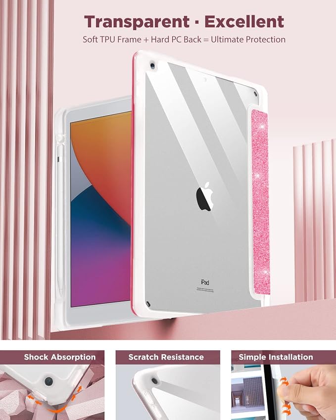 TiMOVO Case for iPad 9th/8th/7th Generation 10.2 inch Black | Pencil Holder Slim Trifold Stand Protective Cover Clear Transparent Back Shell Auto Wake/Sleep
