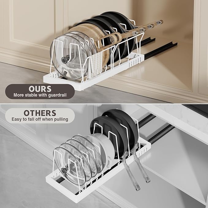 Pots and Pans Organizer Under Cabinet, 22" Deep Expandable Pull Out Pot Lid Organizer and Storage with 10 Adjustable Dividers No Drill Pot and Pan Holder Rack with Handle Bracket(1 Pack,White)