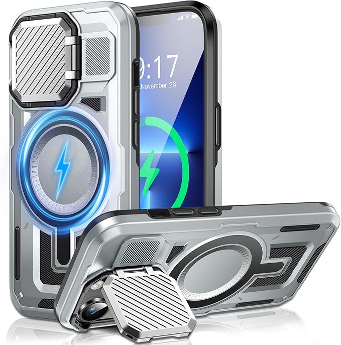 Camera Stand Case for iPhone 13 Pro, [Compatible with MagSafe] [Lens Cover] 2024 Version Military Grade Protective Soft Case for iPhone 13 Pro 6.1 inch Men Women, Grey