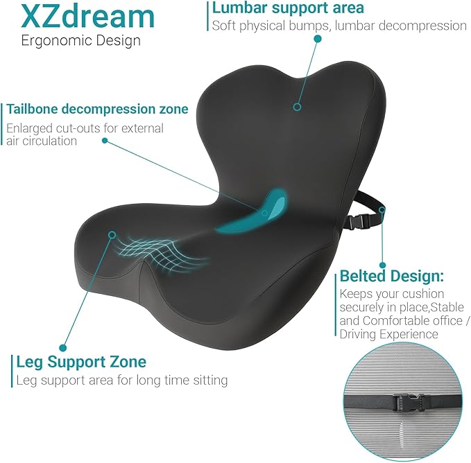 Memory Foam Seat Cushion,Office Chair Cushion with Lumbar Support for Back Pressure Relief,Sciatica,Non Slip Car Seat Cushion with Strap,Pad Orthopedic Cushions for Car,Truck,Desk (D-Black)