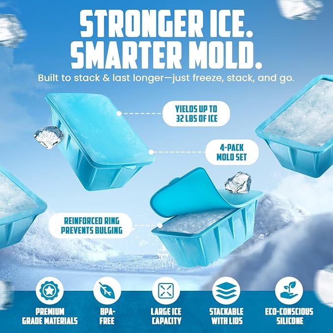 Extra Large Ice Block Mold For Ice Bath, Large Ice Mold for Freezer with Lids - Reusable, Silicone Ice Bath Accessories, Cold Plunge Giant, Ice Blocks for Chiller & Cold Therapy