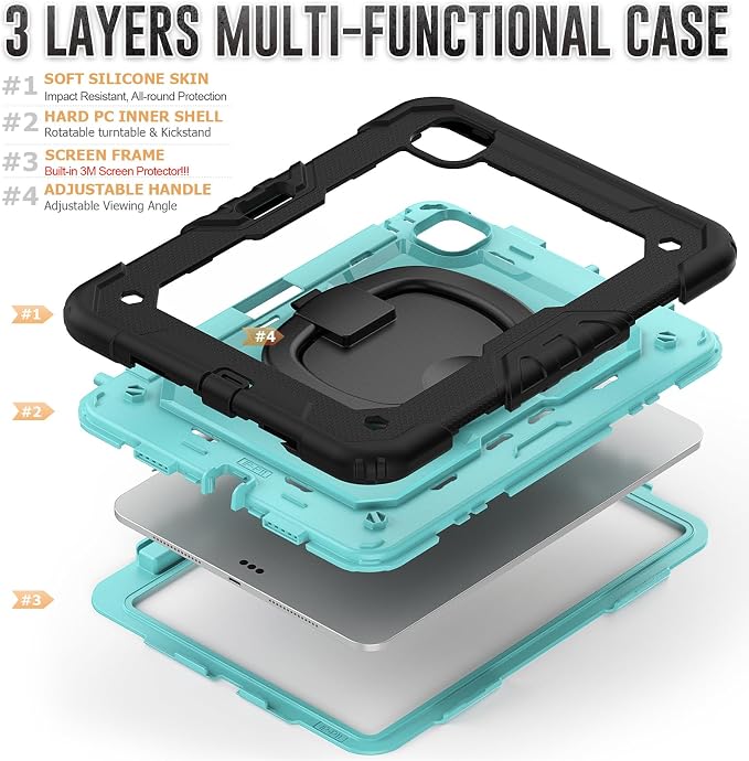 for iPad Pro 11 inch Protective Case M5 2025/M4 2024: Heavy Duty Shockproof Case with Pencil Holder - 360°Rotating Handle/Stand - Screen Protector - Shoulder Strap Black/Sky Blue