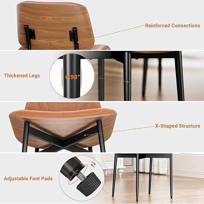 Dining Chairs Set of 6, Dining Room and Kitchen Chairs, Mid Century Modern Accent Chair, Upholstered PU Leather Chairs for Vanity with Walnut Bentwood and Metal Legs, Light Tan
