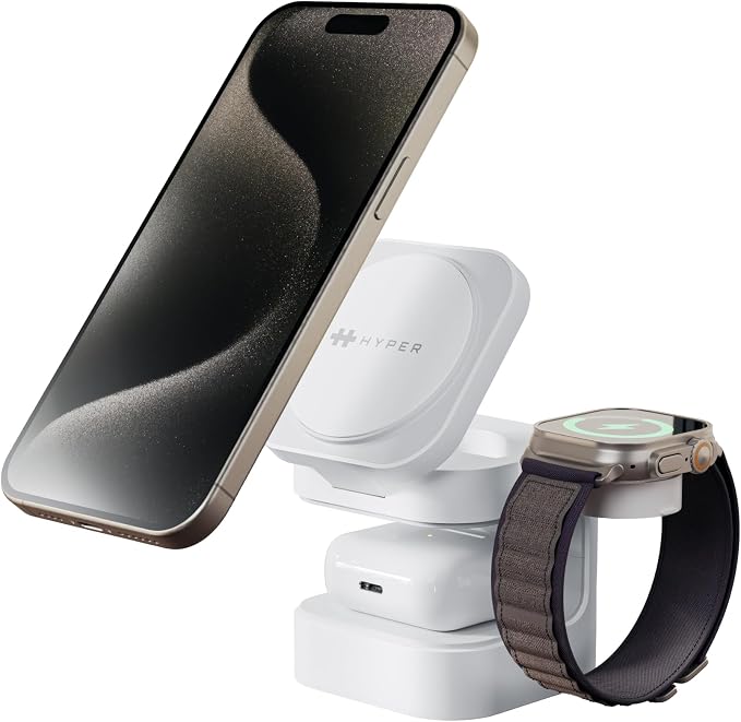 HyperJuice 3-in-1 Wireless Charger Qi2 Magnetic Stand — Fast Charger for iPhone Apple Watch Airpods &amp Qi Compatible Devices — Compact and Adjustable 3 in 1 Design