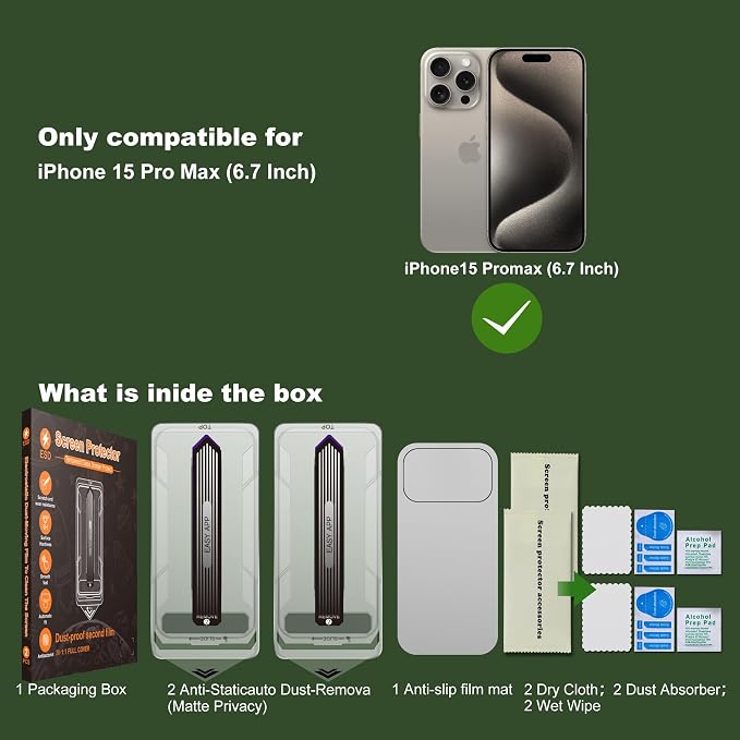 [2-Pack Matte Tempered Glass Screen Protector for iPhone 15 Pro Max Anti-Fingerprint &amp Oil Resistant Smooth as Silk 9H Hardness Bubble-Free Case Friendly 6.7-Inch