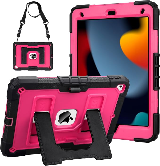 VOFUOE for iPad 9th/ 8th/ 7th Generation Case with Foldable Stand Shoulder Strap Pencil Holder 3 in 1 Heavy Duty Hard Protective Cover for iPad 10.2 Inch 2021/2020/2019 -Black&ampHot Pink
