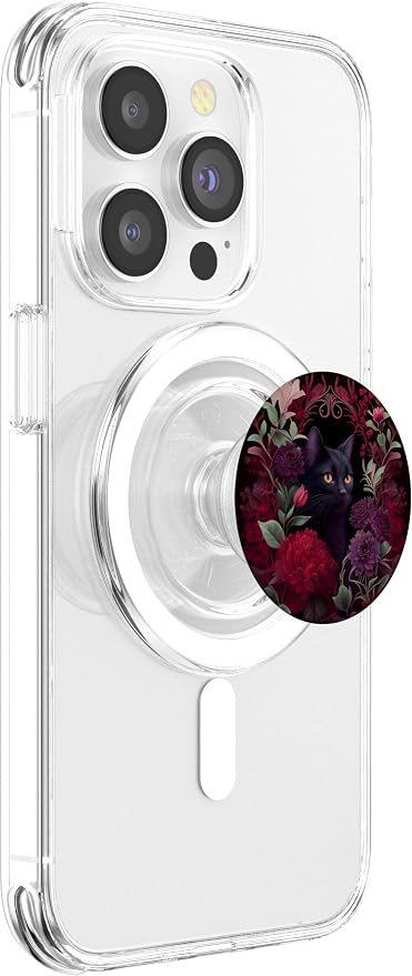 Black cat Hidden Flower Design with Burgundy Maroon Flowers PopSockets Adhesive PopGrip