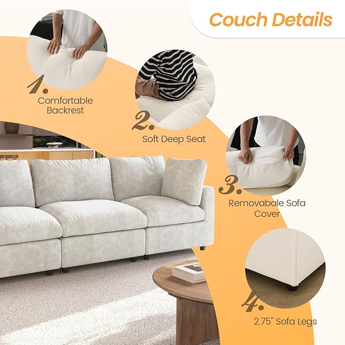 JACH V Shape Sectional Couches with Chaise Ottoman, Convertible Modular Sofa, Cloud Sectional Couch, Sofa Covers Washable, Minimalist Couch for Living Room, Apartment, Beige