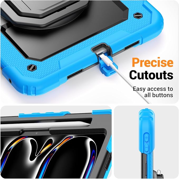 for iPad Pro 11 inch Protective Case M5 2025/M4 2024: Heavy Duty Shockproof Case with Pencil Holder - 360°Rotating Handle/Stand - Screen Protector - Shoulder Strap Black/Sky Blue