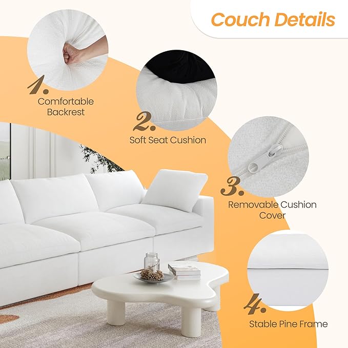 JACH Modular Sectional Sofas for Living Room, Deep 3-Seats Convertible Couch, Cushion Covers Removable, Modern Cloud Sectional Couches for Apartment (White)
