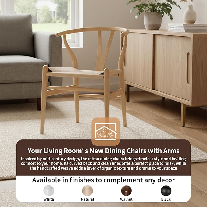 Tomile Solid Wood Wishbone Chair Y Chair Mid-Century Armrest Dining Chair, Hemp Seat (Ash Wood - Natural Wood Color)