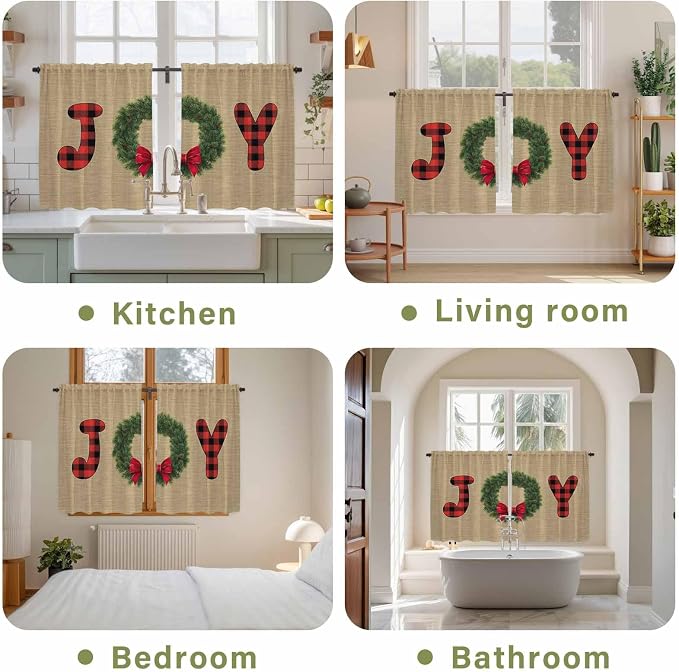 Red Green Christmas Kitchen Tier Curtains 45 Inch Long 2 Panel Set, Rod Pocket