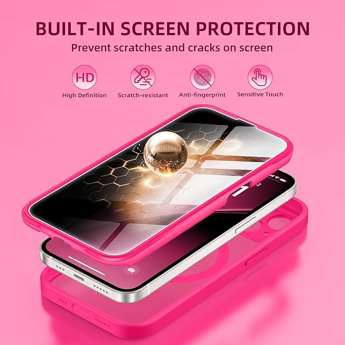 BERFY Magnetic for iPhone 14 Case, Compatible with MagSafe, Built-in Privacy Screen Protector and Upgraded Camera Protection, Anti-Spy Full Body Shockproof Phone Case for 14 6.1", Hot Pink