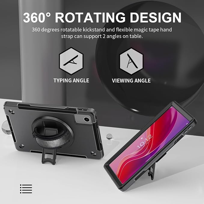 Junfire Protective Case for Lenovo Tab M11/Tab K11 LTE 11-inch 2024 Shockproof Rugged Case with 360°Rotating Stand/Hand Strap/Shoulder Strap/Pencil Holder for TB-330FU/330XU-Black