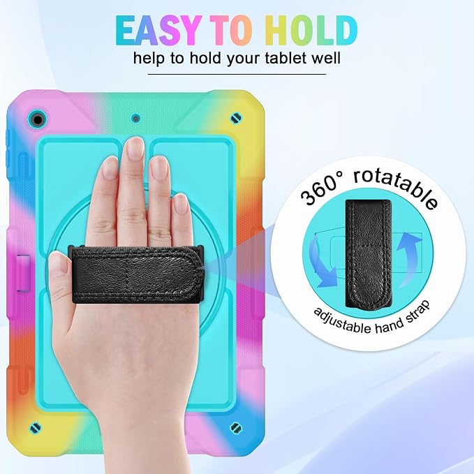 BMOUO for iPad 9th/8th/7th Generation Case 10.2 Black | Shockproof Rotating Stand Shoulder Hand Strap iPad 9th/8th/7th Generation Case with Pen Holder for iPad 10.2“ 2021/2020/2019