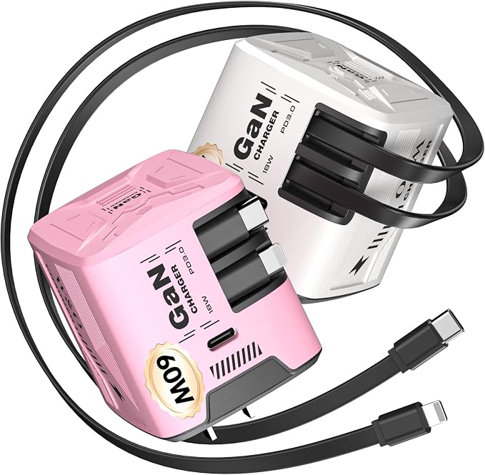 W &amp O 60W GaN Fast Charger Wall Plug Built-in Retractable USB-C &amp L Cables | Retractable Wall Charger with 47.2 Cables One Pull Charging No Cable Mess Solution for iPhone 17/16/15 Galaxy