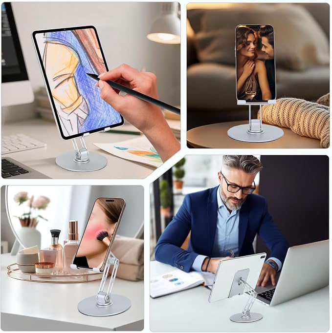 Adjustable Aluminum Phone Stand for Desk Phone Holder for iPhone &amp iPad | Weighted Metal Base for Stable Typing Adjustable Height &amp 360° Rotation for Comfortable Desk Use