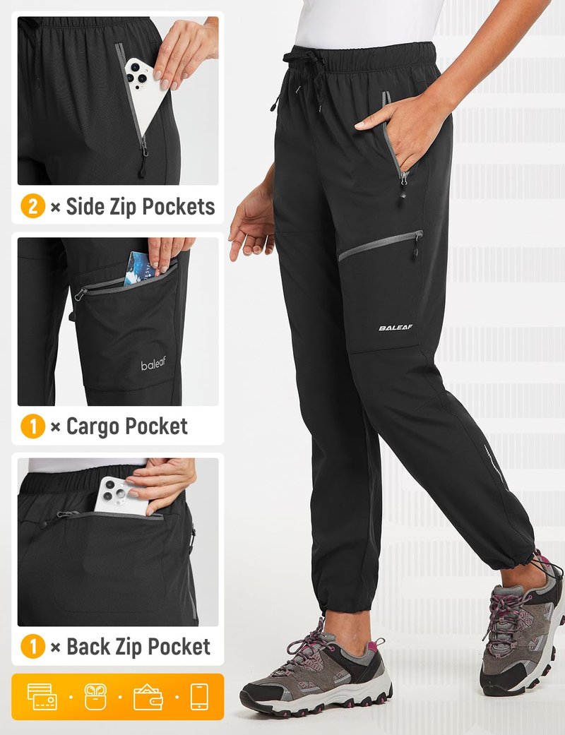 baleaf Women's Hiking Pants Quick Dry Lightweight Water Resistant Stretch Cargo Pants with Zipper Pockets Travel Camping 29''-Black XS