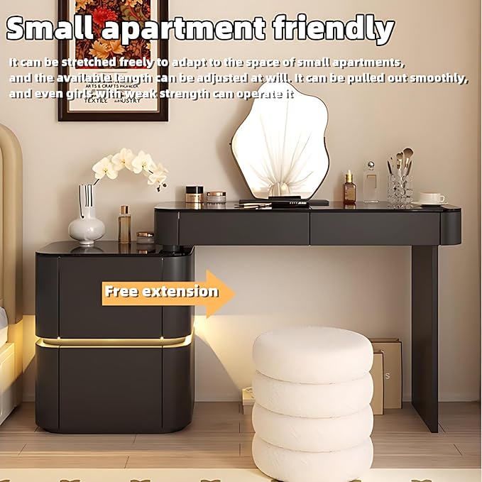 Makeup Vanity Desk with Storage Drawers, Solid Wood Glass Top, Lights Desk and Chair, Easy Installation (Black 2 Drawers, 47.2”)