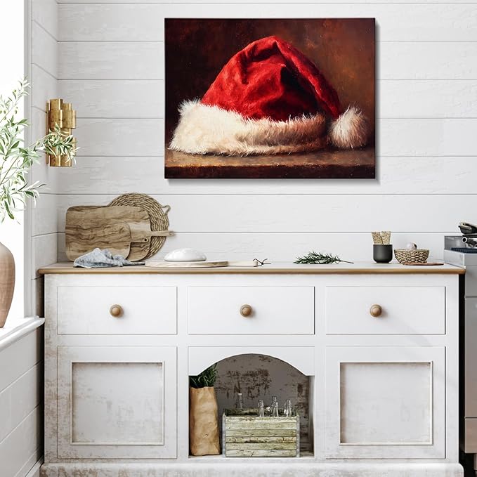 AbcCustomize Vintage Red Santa Hat Christmas Wall Art - Festive Christmas Canvas Prints with Wood Frame, Cozy Winter Decor for Livingroom Bedroom, Unique Christmas Gifts & Winter Home Decor