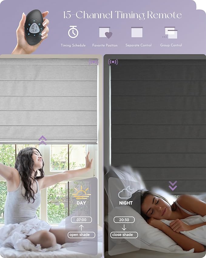 Graywind Smart Roman Shades Compatible with Alexa Google WiFi Hardwired Automatic Blinds with Remote Blackout Plain Fold Soft Roman Window Shades for Windows Doors, Custom Size (Textured Grey)