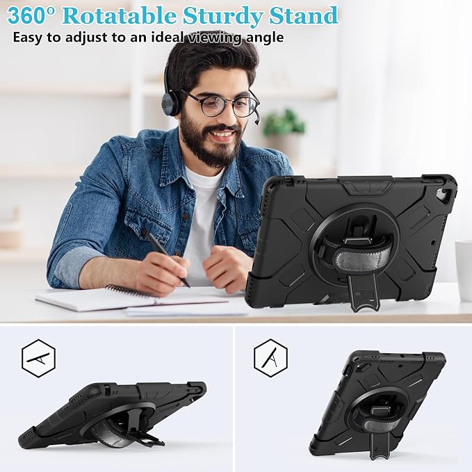 Case for iPad 9th/8th/7th Generation 10.2 Inch Black | Shockproof Protective Silicone Cover with Rotatable Stand-Screen Protector-Handle- Shoulder strap- Pencil holder