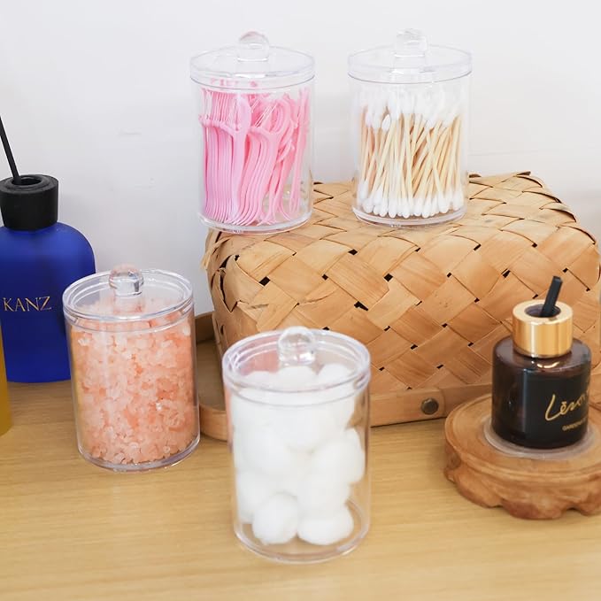 3 Pack Plastic Cotton Swab Ball Pad Holder,Acrylic Qtip Holder,Bathroom Canisters Apothecary Jar Set, 10 oz