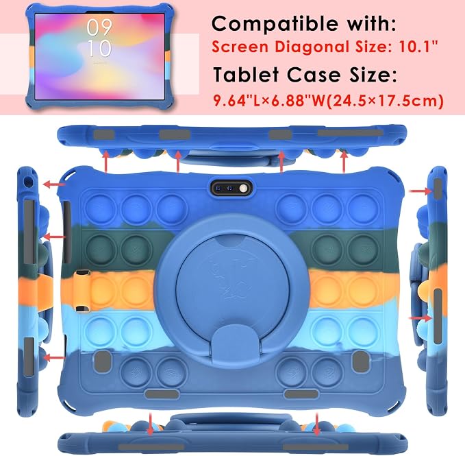 DETUOSI 10.1 inch Soft Silicone Rotatable Tablet Case Dazzling Dark Blue | 360°Rotatable Stand Multi Angle Protective Cover Funny Protective Case for 10.1 inch Tablet