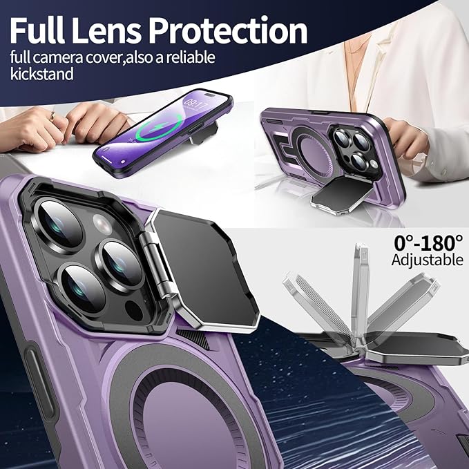Camera Stand Case for iPhone 15 Pro, [Compatible with Mag Safe] [Lens Cover] 2024 Version Military Grade Protective Soft Case for iPhone 15 Pro 6.1 inch Men Women, Purple