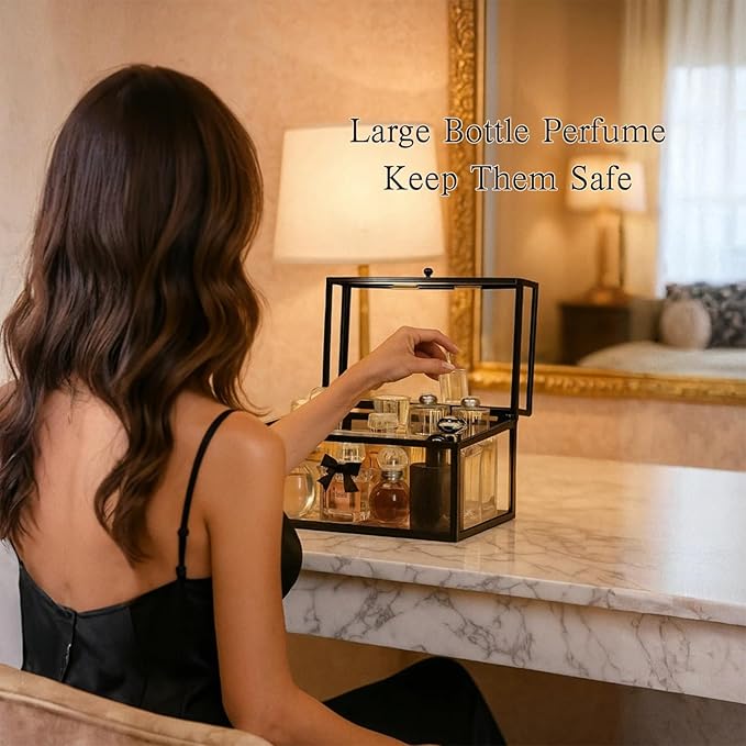40 Lipsticks Organizer with Lid, Glass Display Box Fits Large Perfume & Skincare, Easy-Access Organiser for Vanity Countertop, Multifunctional Display Box in Any Rooms
