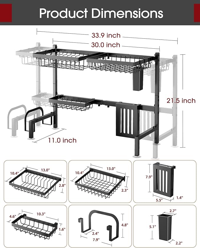 Sakugi Over The Sink Dish Drying Rack - Adjustable 2 Tier Large Capacity Stainless Steel Drainer with Cutlery & Utensil Holders, Kitchen Storage & Organization, 30"-33.9" L x 11" W x 21.5" H, Black