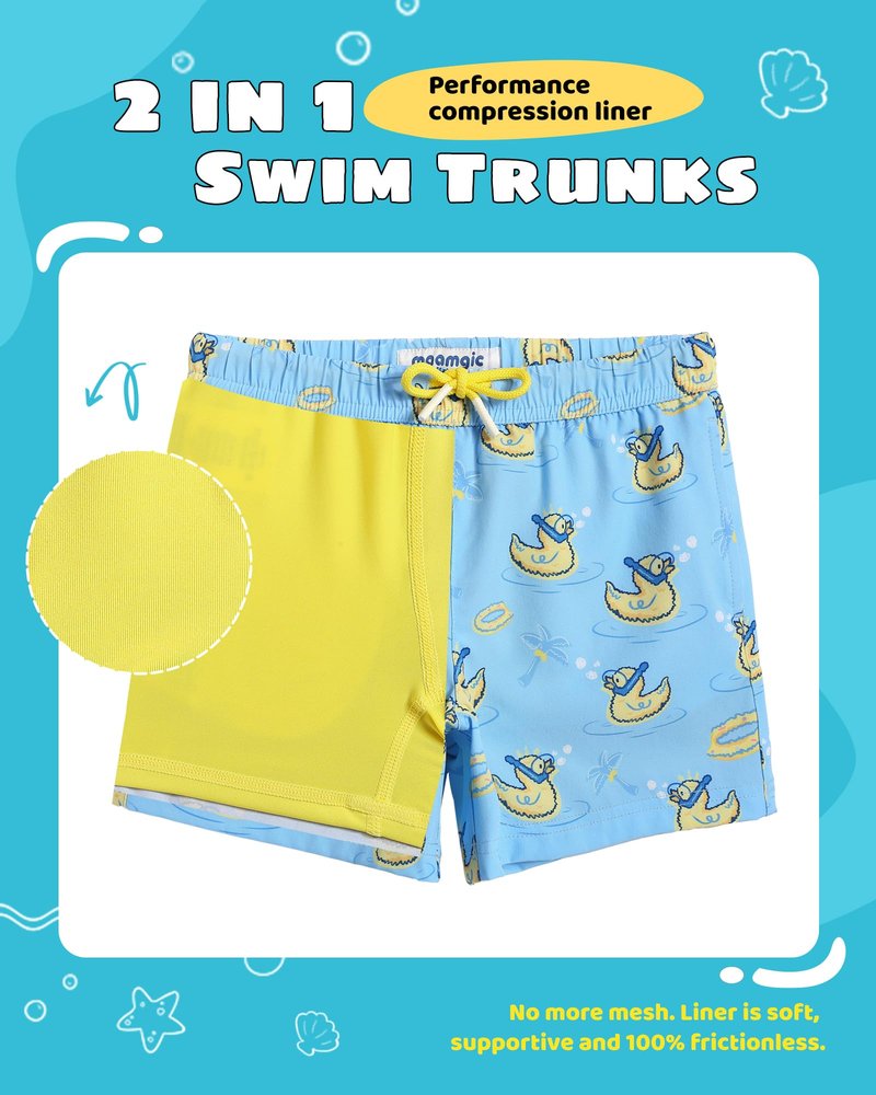 maamgic Boys Swim Trunks with Compression Liner Toddler Stretch Swim Shorts Quick Dry Swimming Trunks Boxer Brief 2 in 1 Beach Shorts Blue Rubber Ducky 10/12
