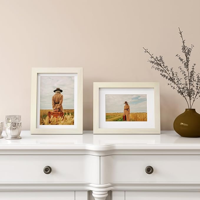 Egofine 6x8 Picture Frame Made of Solid Wood with Plexiglass, Display Pictures 4x6/5x7 with Mat or 6x8 Without Mat for Tabletop and Wall Mounting, Beige