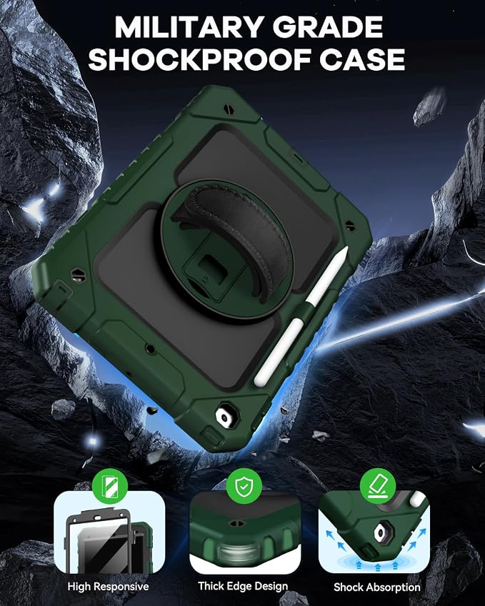 Cantis Case for iPad 9th/8th/7th Generation with Screen Protector iPad 10.2 Case 2021/2020/2019 with 360 Degree Rotating Stand/Shoulder Strap/Pencil Holder Alpine Green