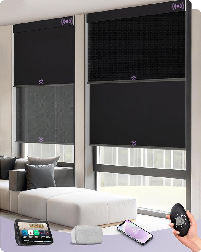 Graywind Motorized Dual Shades for Windows Smart Double Blinds Blackout and Solar Motorized Blinds with Remote Alexa Google Control Day Night Shades, Custom Size (Blackout Black)