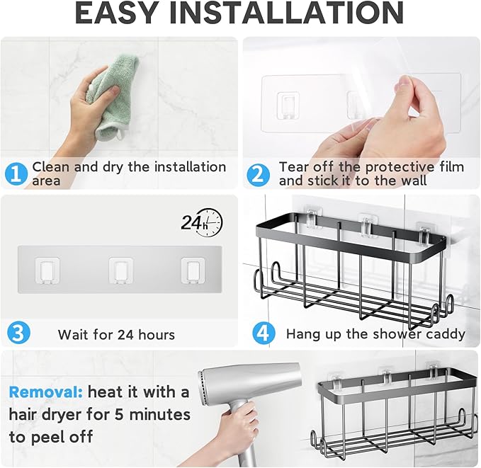 Lsnisni 14 Pack Shower Caddy Adhesive Replacement, Waterproof Shower Shelf Adhesive Strips, Strong Adhesive Flat Hooks for Bathroom Storage Shelves and Kitchen Racks No Drilling, Clear